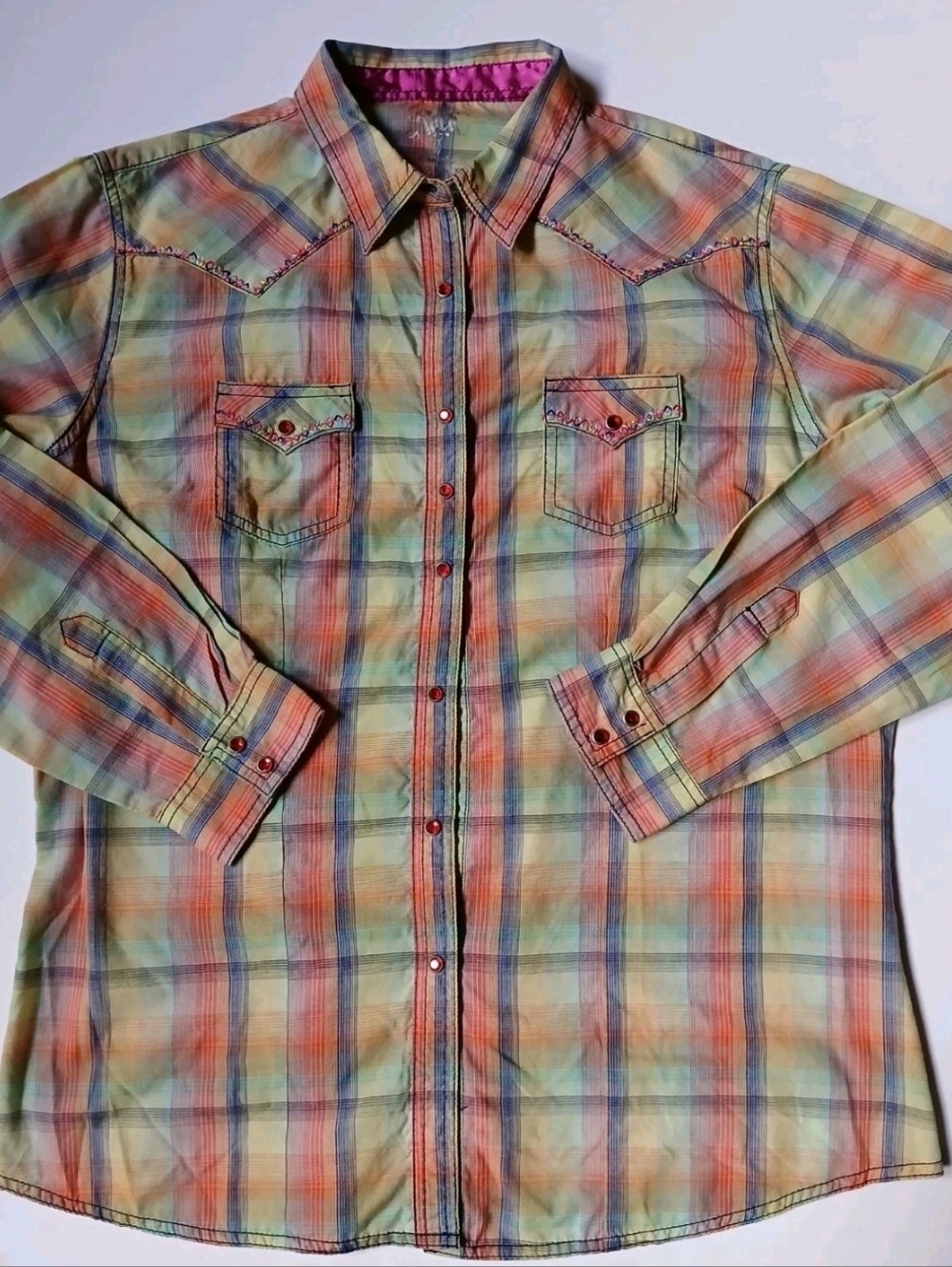 Rock 47 By Wrangler Shirt Womens XXL Plaid Western Snap Long  3/4 Sleeve